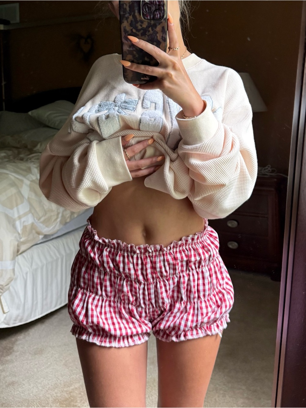 Amazon Women's Red and White Gingham Elastic Waist Shorts